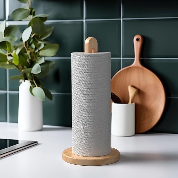 KitchLife Wooden Paper Towel Holder Countertop, Fits Jumbo Roll - Solid Beechwood Paper Towel Dispenser Stand with Anti-Skid Base, 1 Pack