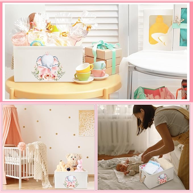 Pickmesh Baby Shower Storage Basket with Gift Bags Rectangular Ribbons Collapsible Canvas Storage Bin with Handles for Diaper Organizing Toy Home DIY Gift Basket, 13 x 9. 1 x 7. 1 Inch(Pink Elephant)