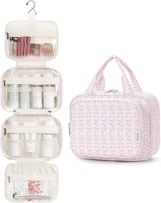 Narwey Hanging Toiletry Bag for Women Travel Makeup Bag Organizer Toiletries Bag for Travel Size Essentials Accessories Cosmetics (Pink Flower Buds (Medium))