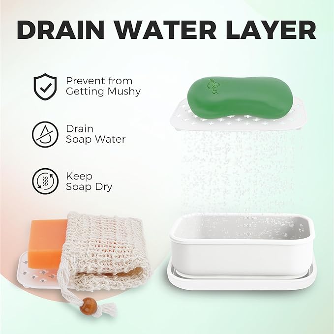 Silicone Soap Holder， Enhanced Leak-Proof Travel Soap Container with Draining Layer，Portable Shampoo Bar Holder, Soap Case with Soap Bag, Soap Dishes for Bathroom/Camping/Gym/(White)