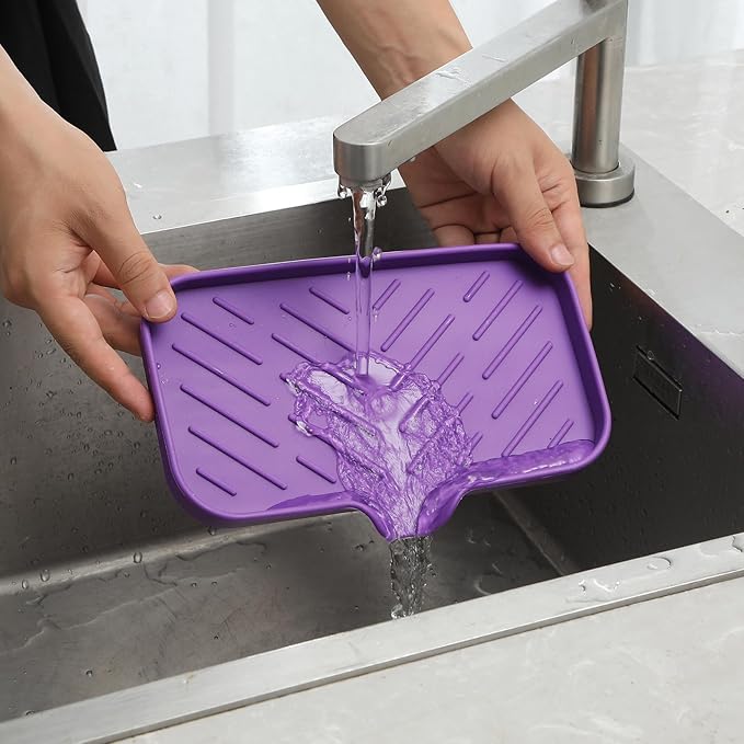 Silicone Bathroom Soap Dishes with Drain Spout-Bathroom and Kitchen Sink Organizer,Sponge Holder,Dish Soap Tray,Perfect for Dispenser,Scrubber,Bottle,Cup on Sink or Counter-Purple 9.6"×5.3"