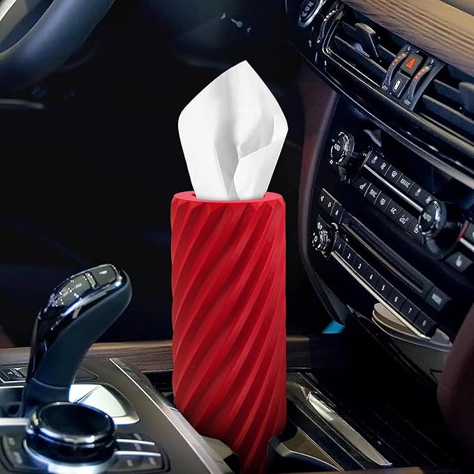 Car Tissue Holder, Refillable Round Cylinder with 3 Tissue Packs, Universal Fit for Vehicle Cup Holder, Home & Office, Car Accessories Interior (Red)