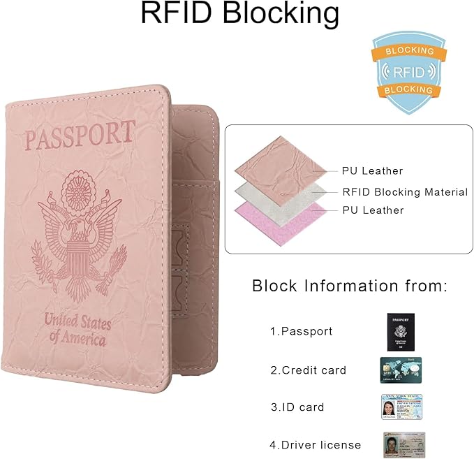 WALNEW Passport Holder for Travel, RFID Passport Cover Wallet for Women Men, PU Leather Passport Book Card Holder Case with Pen (Upgraded, Upgraded-B-Pink)