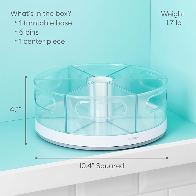YouCopia Crazy Susan Lazy Susan Organizer, 6 BPA-Free Removable Clear Bins with Handles, Rotating Storage Turntable for Kitchen Cabinet, Pantry and Bathroom Organization,White