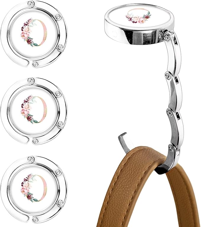 XSUIOY 3Pcs Personalized Initial Foldable Purse Hook for Table,Crushed Flower Letters Folding Purse Hanger,Purse Holder Handbag Hanger Collection Desk Table Bag Hooks Gifts for Women Bag(Pink-O)