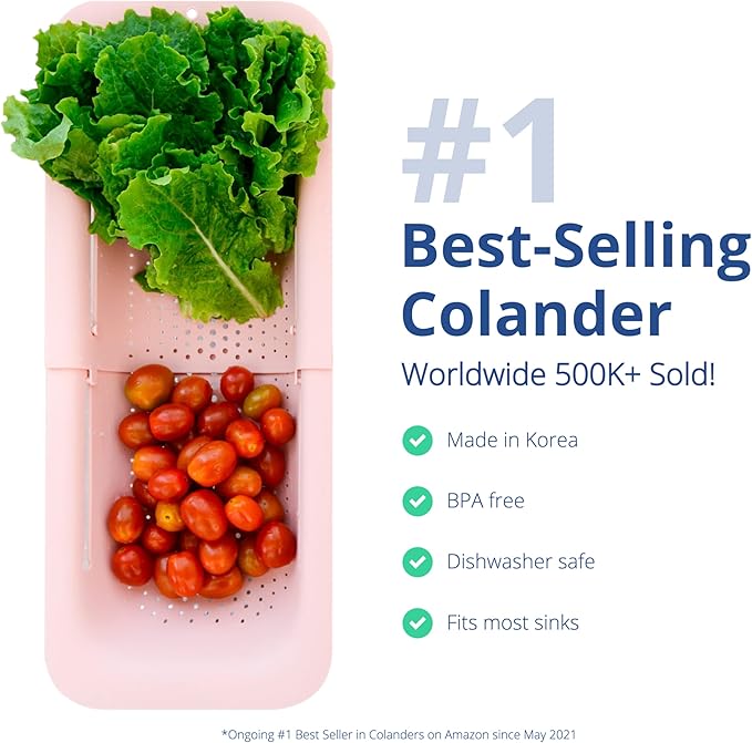 BLUE GINKGO Over the Sink Colander Strainer Basket - Wash Vegetables and Fruits, Drain Cooked Pasta and Dry Dishes - Extendable - New Home Kitchen Essentials (7.9 W x 14.5-19.5 L x 2.75 H) (Pink)