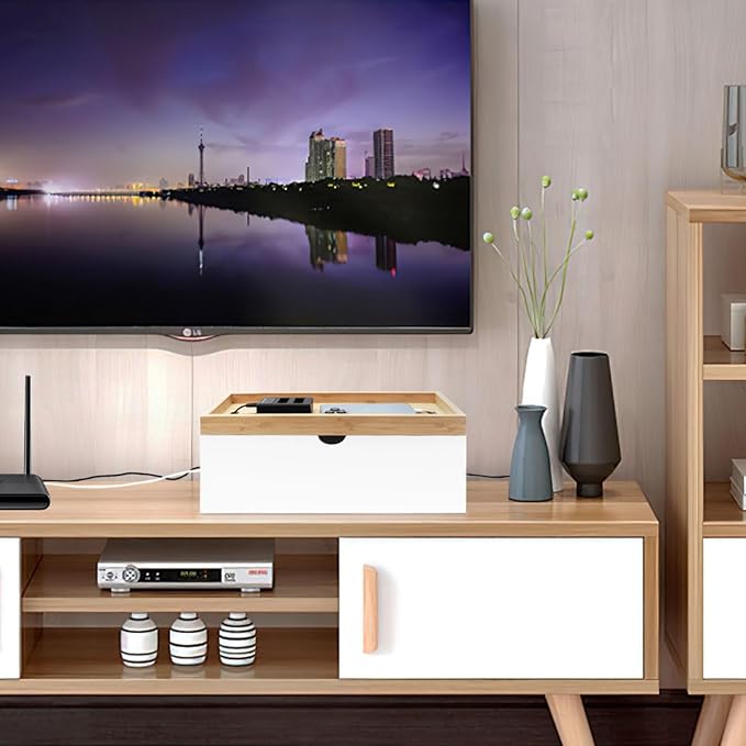 Bamboo Cable Management Box, Large Cord Organizer Box Cable Box to Hide Wires & Power Strips for Desktop Storage Cord Holder for Office Home, No Assembly Required