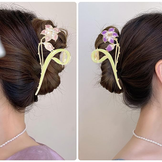 3-Piece Floral Metal Hair Clips, Lily Flower Hair Claw for Thin/Medium Thick Hair Claws, Elegant Barrettes Strong Hold Hair Clamps Non Slip Cute Hair Catch Clip Accessories (3-Color Lily)