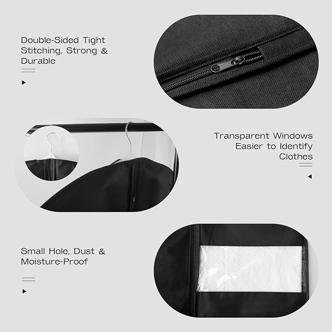3 Pack Heavy Duty Garment Bags for Travel Suit Bags, Dress Bags, Garment Bags for Hanging Clothes with Pockets Men's Suit Holder for Shirts, Coats, Dresses (Black, 3Pack 60")