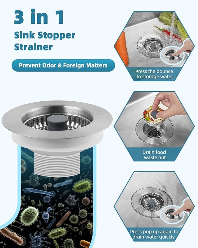 Hygie Rinse All Metal Sink Drain Strainer for Kitchen Sink 2PACK Pop Up 3-in-1 Sink Stopper Drainer with Additional 2pcs Strainers for US Standard 3-1/2 inch Drain Filter, Anti-clog