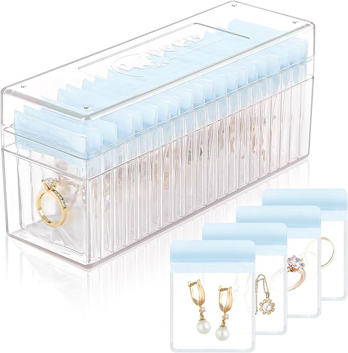 Acrylic Jewelry Box Organizer, Clear Jewelry Organizer Holder with 20 Portable Anti Tarnish Jewelry bags, Travel Jewelry Case for Earrings/Rings/Necklaces for Women Girls, Blue