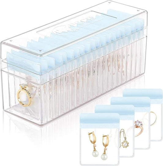 Acrylic Jewelry Box Organizer, Clear Jewelry Organizer Holder with 20 Portable Anti Tarnish Jewelry bags, Travel Jewelry Case for Earrings/Rings/Necklaces for Women Girls, Blue