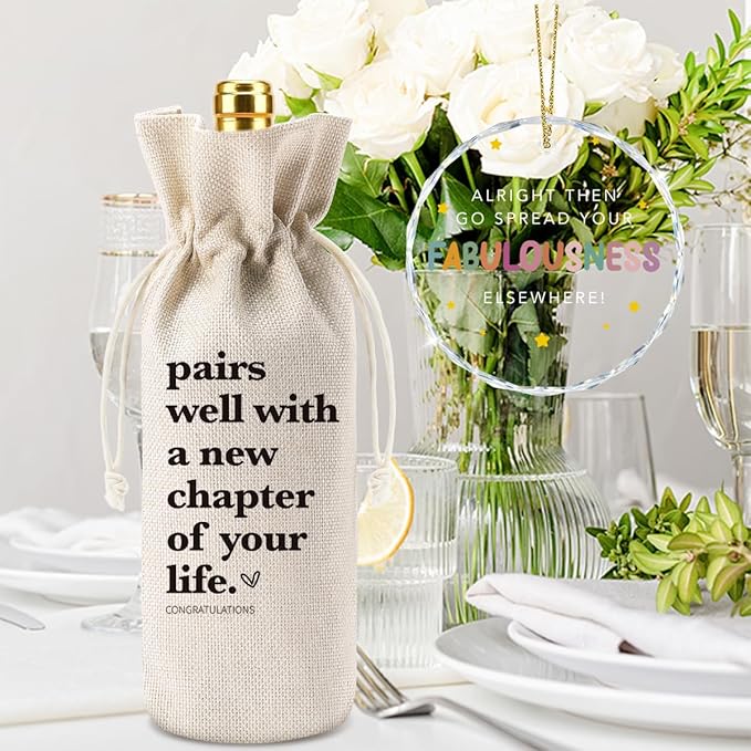 XFW New Chapter Wine Bag with Good Luck Hanging Ornament New Beginnings Gifts for Women Men Farewell Gifts for Friends Going Moving Away Gifts for Coworkers Retirement Wine Bag Ornament Set