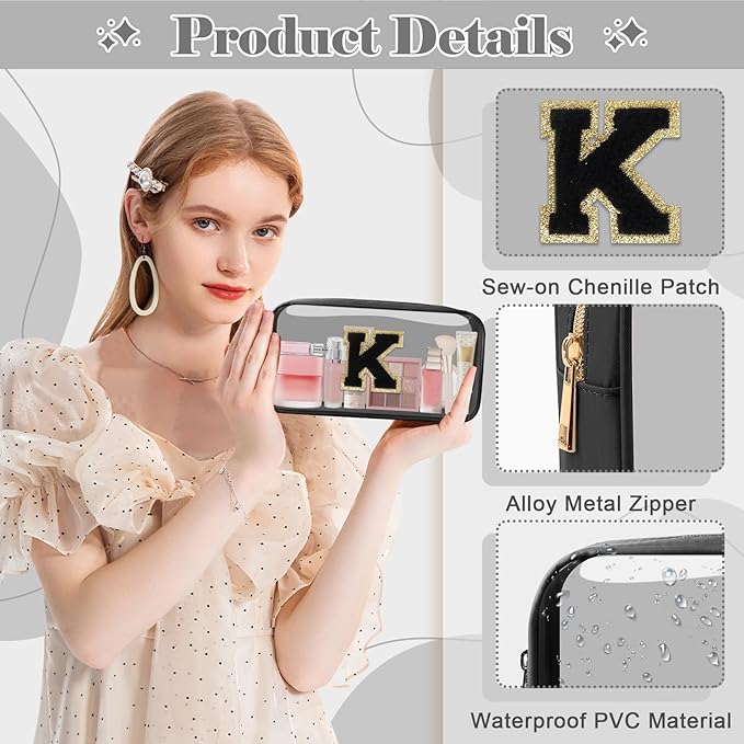 Personalized Initial Letter Clear Makeup Bag, Preppy Small Nylon & PVC Cosmetic Zipper Bag with Chenille Letter, Travel Skincare Toiletry Bag, Monogram Christmas Gift for Teen Girls Women, K
