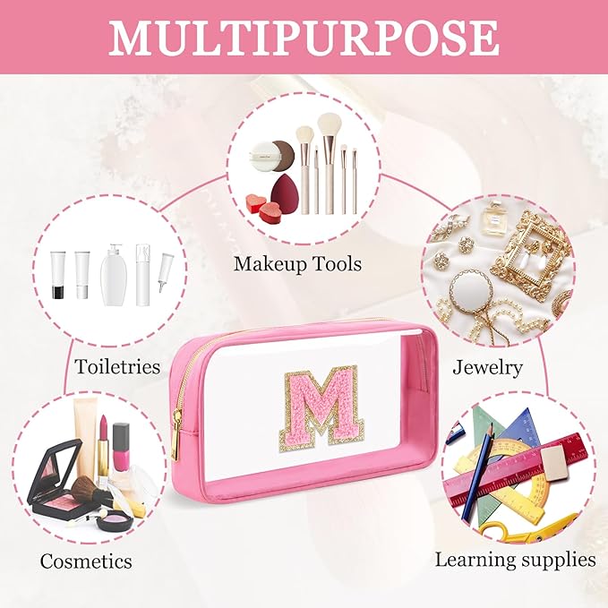 Small Clear Personalized Initial Makeup Bag,Nylon Preppy A-Z Chenille Letter Patch Cosmetic Pouch Beach Toiletry Bag,Waterproof Zipper Travel Purse Storage Bag Organizer for Women Girls(Pink-Pink M)