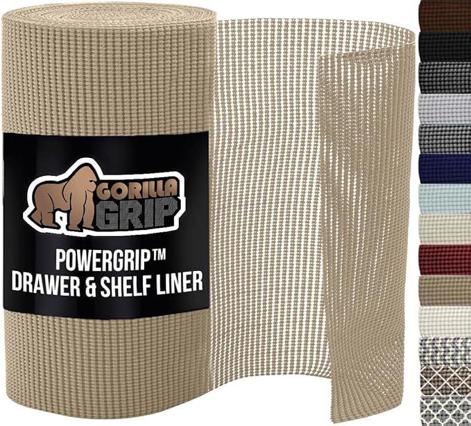 GORILLA GRIP powerGRIP Drawer Shelf and Cabinet Liner, Thick Strong Hold, Non-Adhesive Liners Protect Kitchen Cabinets and Cupboard, Bathroom Drawers, Easy Install, Breathable Mat, 24" x30', Beige