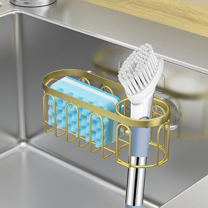 Yazoni 2-in-1 Sponge Holder for Kitchen Sink, Suction Cup Sponge Rack Kitchen Caddy, No Drill Rustproof Sink Organizer for Place Dishwashing Brush Soap (Gold)