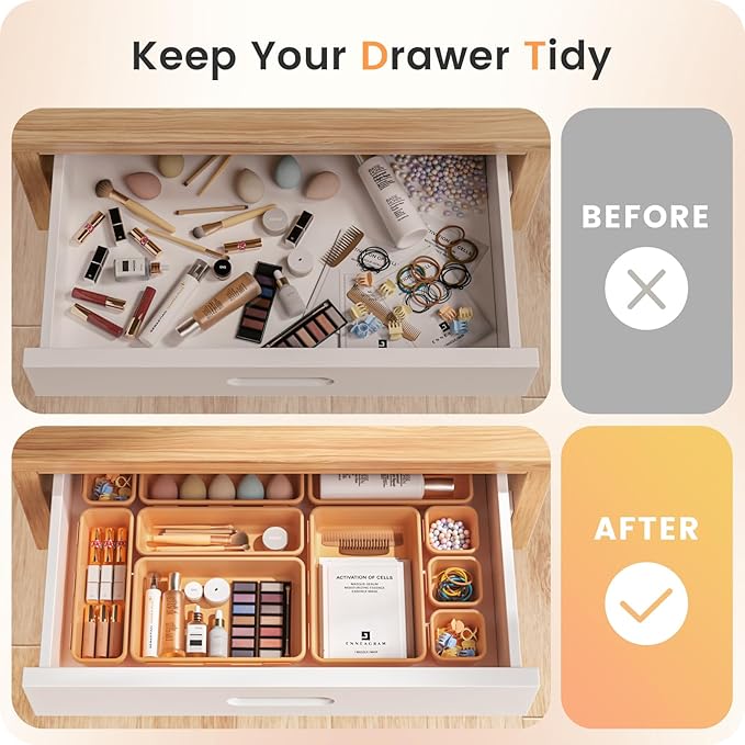 A-LUGEI【𝟰𝟲𝗣𝗖𝗦 & 5 Size】Tool Box Organizer Tray Divider Set,【Orange】Desk Drawer Organizer, Garage Organization and Storage Toolbox Accessories Rolling Tool Chest Cart Cabinet WorkBench Small Part