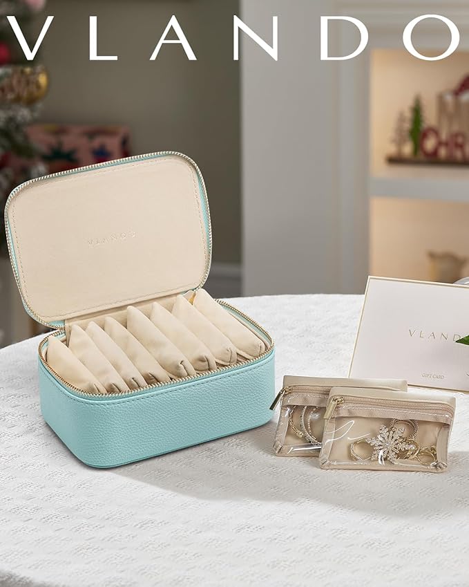 Vlando Jewelry Travel Organizer with 8 Velvet Jewelry Bags Travel Jewelry Storage Box Jewelry Case for Necklace Rings Earrings Trendy Christmas Birthday Graduate Gifts for Women-Lake Blue