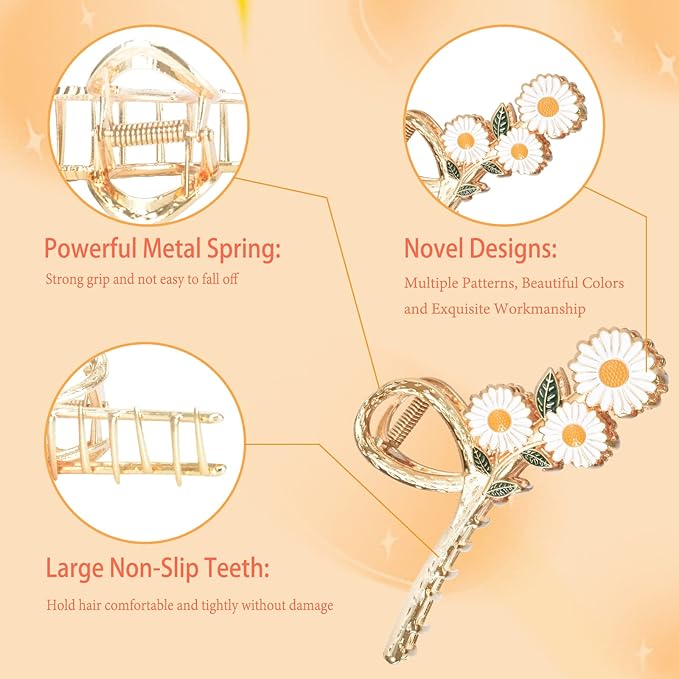 3-Piece Floral Metal Hair Clips: Orchid, Tulip, Daisy Barrettes for Thin/Medium Thick Hair - Elegant Strong Hold Non-Slip Catch Clip Accessories