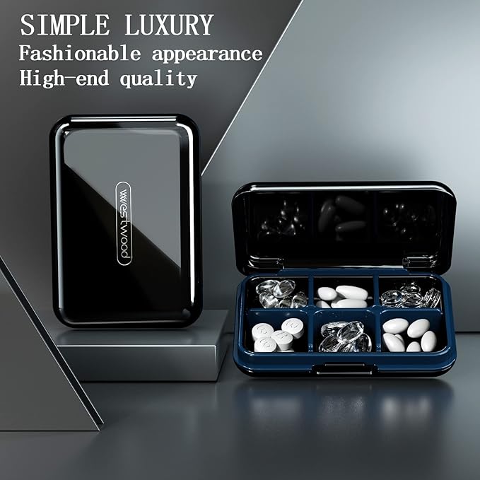 DUBSTAR Travel Pill Organizer Moisture Waterproof Small Pill Box for Pocket Purse 6 Compartments Portable Pill Case Medicine Vitamin Holder Container,Black