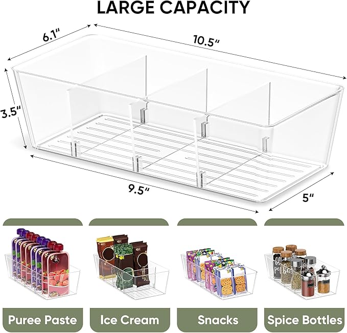 BALEINE Clear Plastic Storage Bins with 3 Removable Dividers, Pantry Organization, BPA Free Stackable Refrigerator Organizers and Storage for Kitchen Fridge Cabinet Bathroom (10.5x6.1x3.5, 4PK)