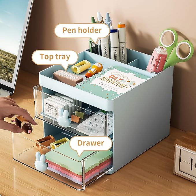 Marbrasse Small Desk Organizer with Drawer, Multi-Functional Pen Pencil Holder Storage Box, Desk Organizers and Accessories with 3 Compartments + 2 Drawer for Office Art Supplies(Blue)