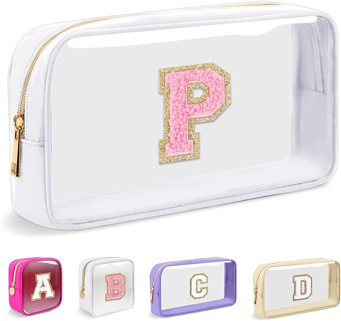 Small Clear Personalized Initial Makeup Bag, Preppy Nylon A-Z Chenille Letter Patch Makeup Organizer TSA Approved Travel Toiletry Bag,Waterproof Zip Beach Cosmetic Pouch Purse for Women(White-Pink P)