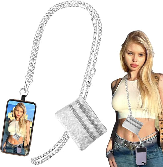 XANGNIER Clip and Go Strap for Phone with Wallet Crossbody, Phone Strap with Zippered Wallet, Adjustable Anti-Theft Cellphone Lanyard for Women, Cellphone Chain Accessories, Chain Silver