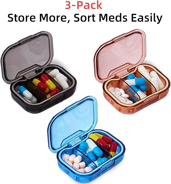 3 Pack Travel Mini Pill Organizer, 3 Compartments Portable Small Pill Case, Mini Small Pill Box to Hold Vitamins, Portable Pill Container for Pocket Purse Medicine Organizer