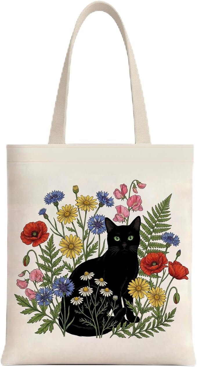 MOLOVA】Printed Canvas Tote Bag for Women - Inner Zipper Pocket & Magnetic Closure, Versatile Hand Shoulder Carry, 15x16 Inch Large Capacity for Work Travel Shopping, Cat and Flower