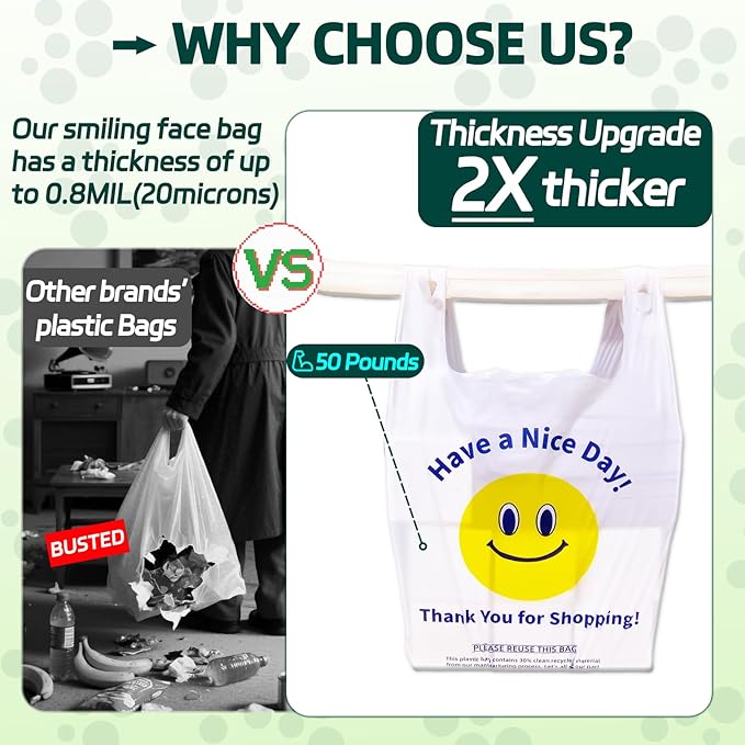 0.8Mil(20 Microns), 300 Count, Plastic Bags with Handles, T-Shirt bags, Thank You bags, Shopping Bag, Grocery Bag, |for Store, Carry, Pack|, White, 1/6 Barrel, Large 11"x6"x21", Heavy Duty