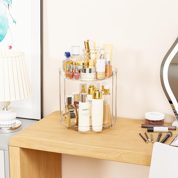 Yieach Clear 360 Rotating Bathroom Counter Organizer,2 Tier Spinning Perfume Organizer and Makeup Tower for Lotion,Hair,Face Skincare Beauty Products,Tiered Lazy Susan and Makeup Organizers for Vanity