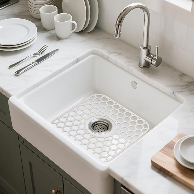 2 Pack Silicone Sink Protectors for Kitchen Sink - 12" x 11" Kitchen Grid Accessory, Non-Slip Heat-Resistant Mat for Bottom of Porcelain Stainless Steel, Dishwasher Safe (White)