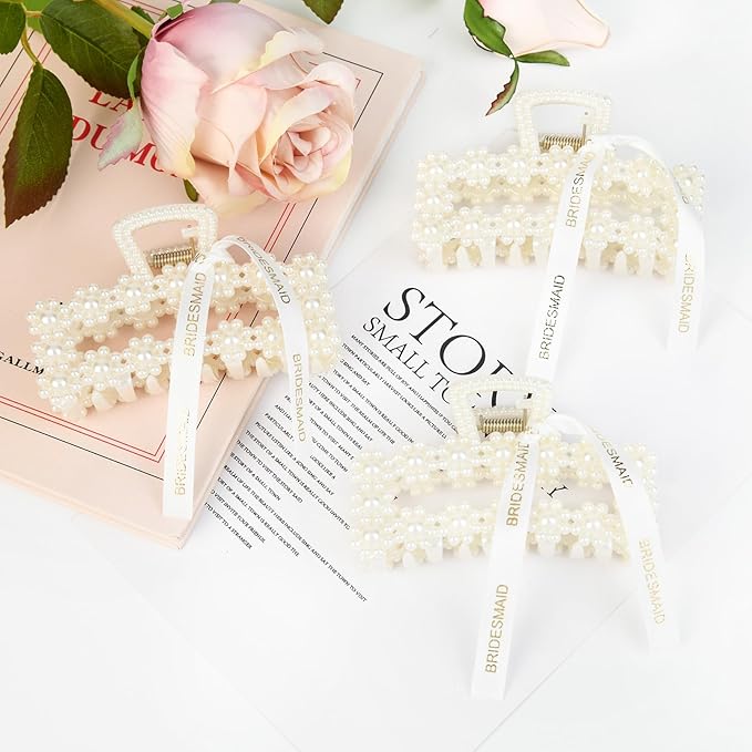 DEEKA Bridesmaid Proposal Gifts 8 Pack Pearl Bridesmaid Hair Claw Clips with Ribbon 3.7 Inch Large Hair Clips Bachelorette Party Favors Bridal Party Present Hair Accessories (Rectangle L)