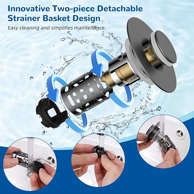 Hibbent Upgraded 3 in 1 Bathroom Sink Drain Strainer, Universal Pop Up Stopper with Removable Stainless Steel Filter Basket Hair Catcher, Sink Plug for 1.1''~2.36'' Basin, Brass Bullet Core, Grey