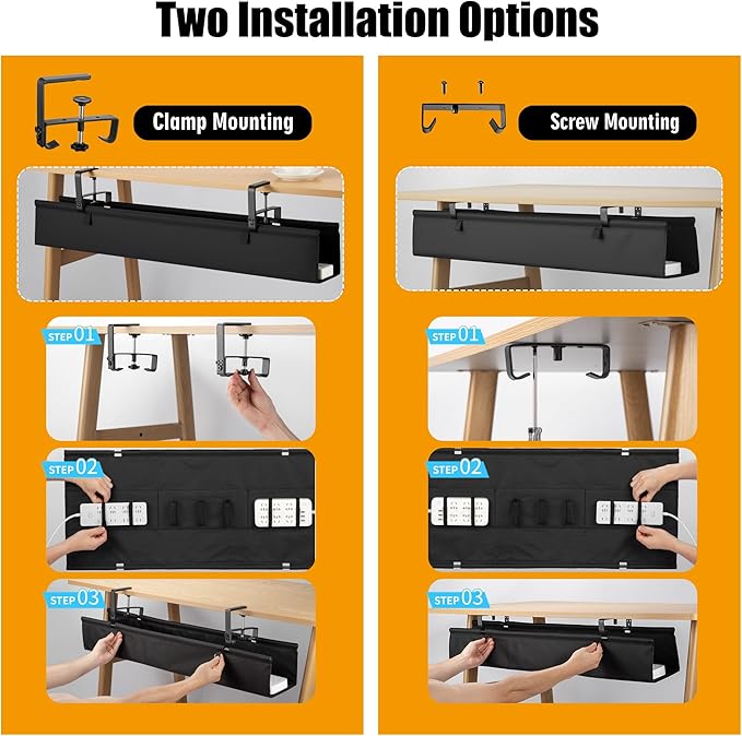 Oxford Cloth Under Desk Cable Management Tray, No-Drill 36" Desk Cable Management Organizer with Clip/Screw Installation, Fabric Cable Management for Home, Office & Gaming Computer (Black)