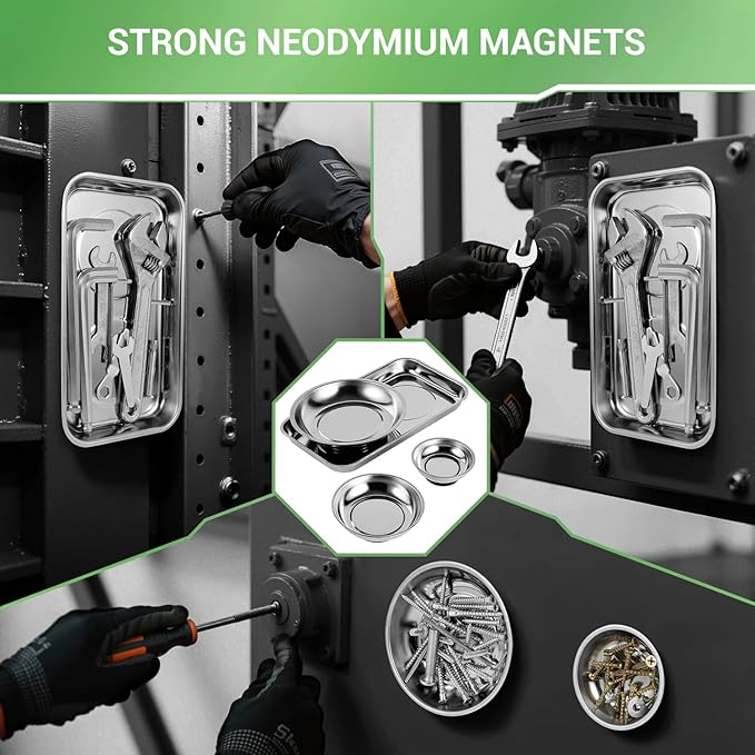 GURADESIGN Magnetic Tray 4-Piece, Large Magnetic Parts Tray and Round Magnetic Parts Tray Set, Stainless Steel Heavy Duty 9.5" W x 5.5''L Square and 6" 4" 3"Round Tools Tray