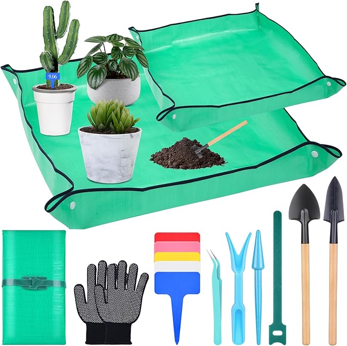 2Pcs Repotting Mat - Large 39'' & Small 26'' Foldable Waterproof Plant Gardening Mat with Accessories, Portable Potting Tray for House Plants & Succulents