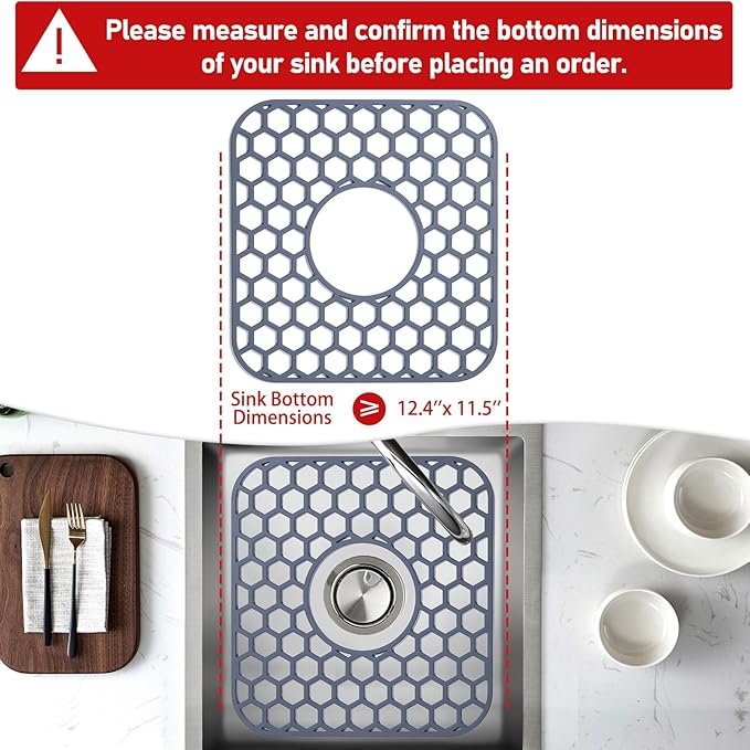 2 Pack Silicone Sink Protectors for Kitchen Sink with Center Drain - 12" x 11" Kitchen Accessory, Non-Slip Heat-Resistant Mat for Bottom of Porcelain Stainless Steel, Dishwasher Safe