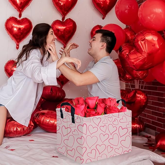 Rectangular Pink Valentine's Day Gift Basket,nursery basket,Pink girls gift baskets,kids toy storage Bin, Love Heart Room Decor for Home,Shelf Baskets(Happy Love)