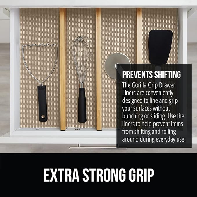 GORILLA GRIP powerGRIP Drawer Shelf and Cabinet Liner, Thick Strong Hold, Non-Adhesive Liners Protect Kitchen Cabinets and Cupboard, Bathroom Drawers, Easy Install, Breathable Mat, 20" x10', Beige