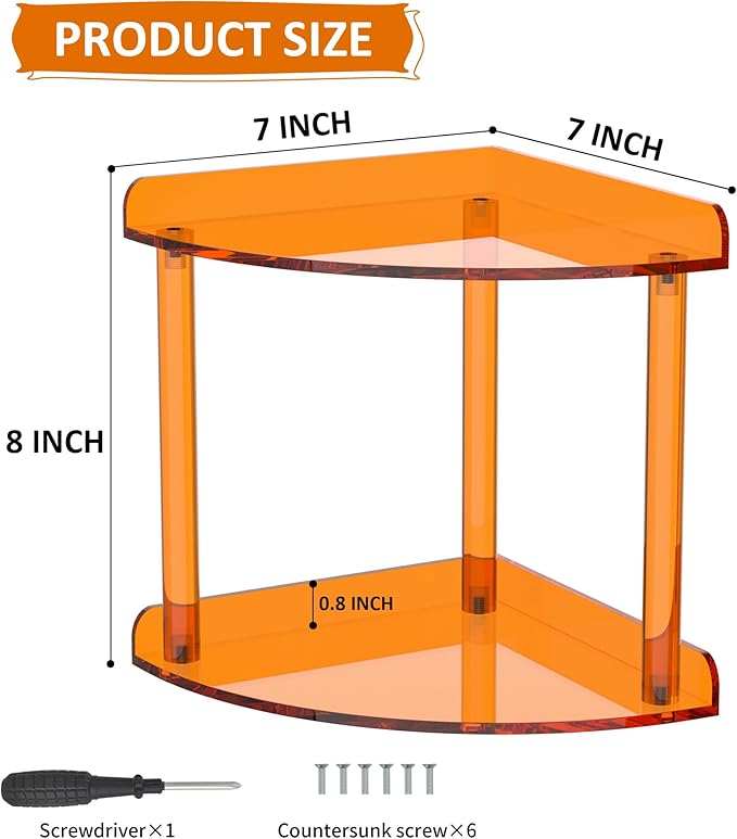 2 Tier Countertop Corner Organizer Shelf 7x7x8 Inch, Orange Acrylic Bathroom Corner Shelf for Countertop, Vanity Storage for Skincare, Cosmetics, Perfume