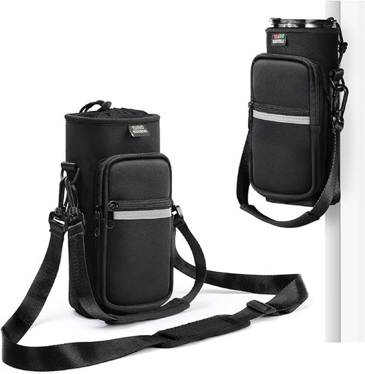 Nuovoware Water Bottle Carrier Bag,25oz/40oz/64oz Bottle Pouch Holder,Adjustable Shoulder Hand Strap 2 Pocket Sling Neoprene Sleeve Sports Accessories for Hiking Travelling Camping