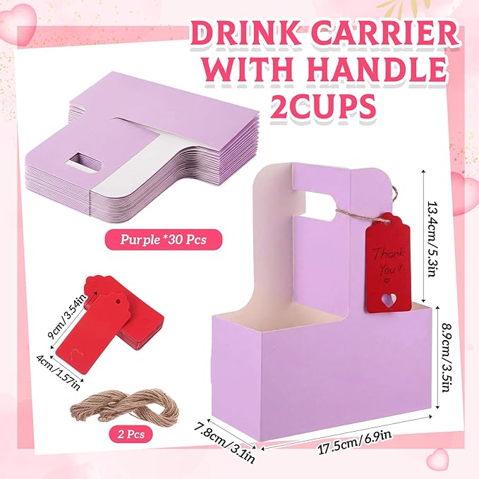 MotiMind 30 Pack Mother's Day 2 Cup Drink Carrier with Handle, Kraft Paperboard Teacher Cup Holder Portable for Hot Cold Drinks, Coffee Carrier Gift with Heart Card Rope (Light Purple)
