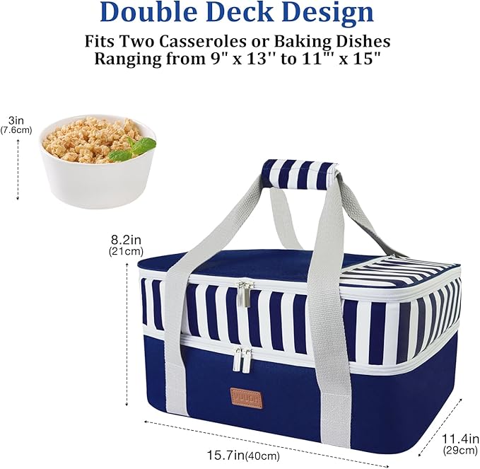 Vuudh Casserole Carrier Bag - Double Decker Food Bag, Insulated Casserole Carrier for Hot or Cold Food, Lasagna Holder Tote for Picnics,Beaches,Traveling or Gifts (Blue)