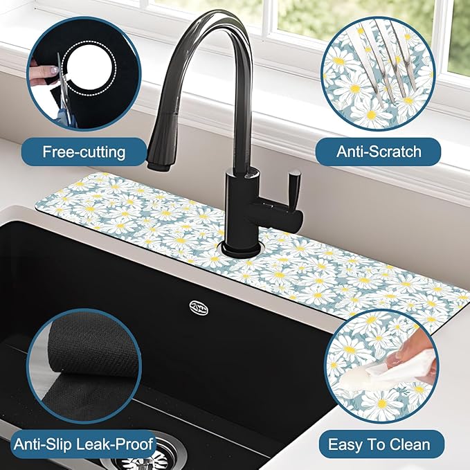 White Flower Sink Faucet Absorbing Mat Cute Chamomile Super Absorbent Fast Drying Mat Sink Gadgets Behind Faucet Sinkmat for Kitchen Bathroom, 23.5"x5.5"