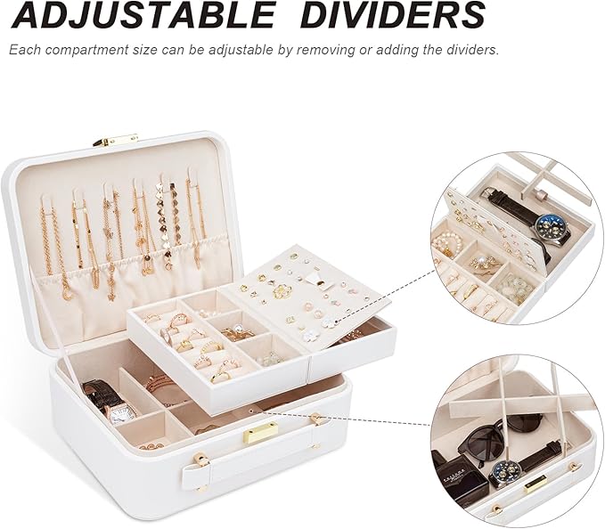 White Jewelry Box - Large Travel Jewelry Case Organizer, 2-Layer Holder, Women's Watch Case
