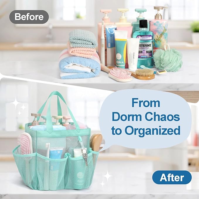 F-color Mesh Shower Caddy Portable, Upgraded Deeper 7-Pocket Shower Bag Basket Tote for College Dorm Room, Toiletry, Bathroom Essentials, Gym, Camp, Quick Dry, 2 Handles with S Hook, Sage Green