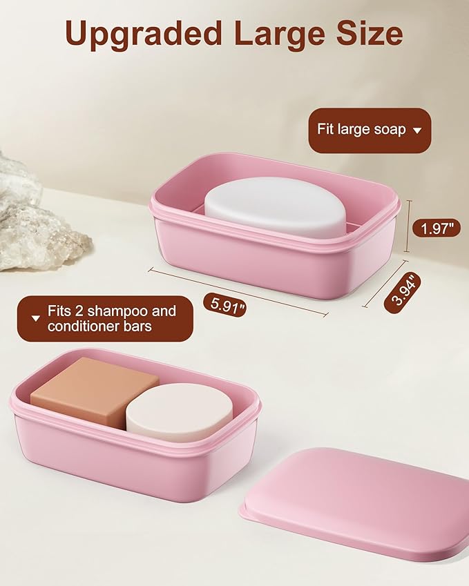 Quatish Leakproof Large Soap Dish with Lid & Draining Layer, Shatterproof Travel Bar Soap Holder Case Container, Portable Travel Size Toiletries Essentials for Camping, Gym, Bathroom, Pink